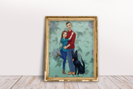 A cartoon styled family portrait of my sister, her man and her pup